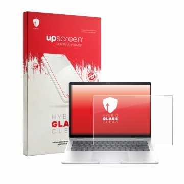 Face avant d’un emballage produit avec le logo de la marque upscreen. À côté, l’appareil HP EliteBook X G1i 14