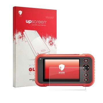 Parte frontal de un envase de producto con el logotipo de la marca upscreen. Al lado se muestra el dispositivo Launch CRP129E 