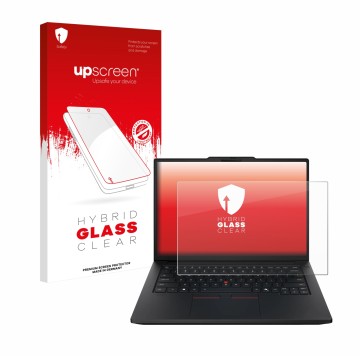 Face avant d’un emballage produit avec le logo de la marque upscreen. À côté, l’appareil Lenovo ThinkPad P14s Gen 7 14