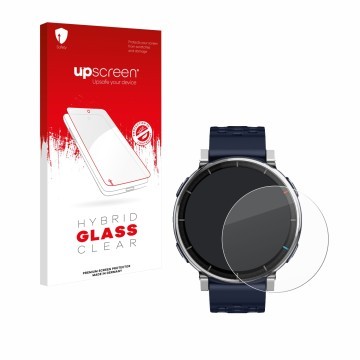 Face avant d’un emballage produit avec le logo de la marque upscreen. À côté, l’appareil Amazfit Active 3 Premium est représen