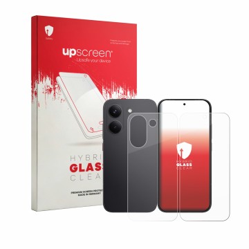 Parte frontal de un envase de producto con el logotipo de la marca upscreen. Al lado se muestra el dispositivo Xiaomi Poco X8 