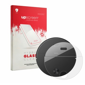 Parte frontale di una confezione del prodotto con il logo del marchio upscreen. Accanto è raffigurato il dispositivo Roborock 