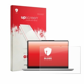 Parte frontal de un envase de producto con el logotipo de la marca upscreen. Al lado se muestra el dispositivo Lenovo IdeaPad 