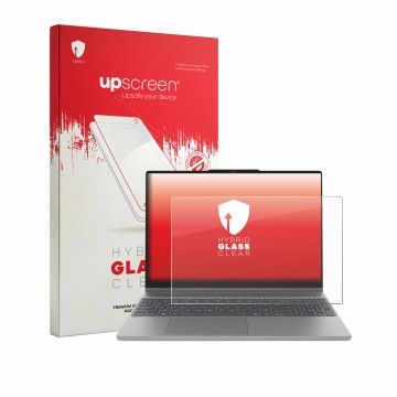 Parte frontal de un envase de producto con el logotipo de la marca upscreen. Al lado se muestra el dispositivo Lenovo IdeaPad 