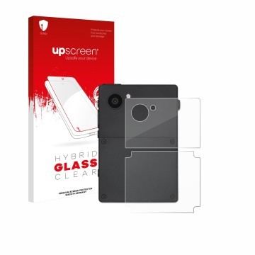 Vorderseite einer Produktverpackung mit dem Markenlogo upscreen. Daneben ist das Gerät Light Phone 3 (Rückseite) mit dem zugeh