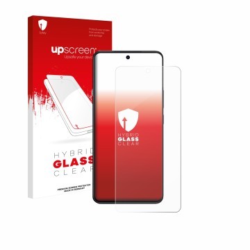 Parte frontal de un envase de producto con el logotipo de la marca upscreen. Al lado se muestra el dispositivo Vivo V60 Lite 5