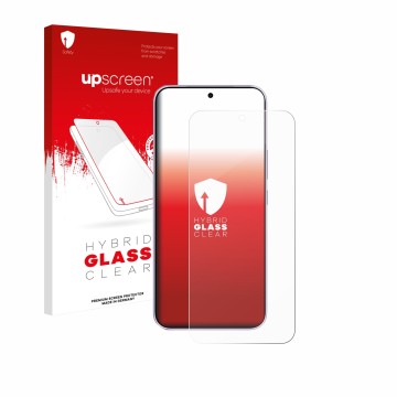 Parte frontal de un envase de producto con el logotipo de la marca upscreen. Al lado se muestra el dispositivo Vivo V70 FE con