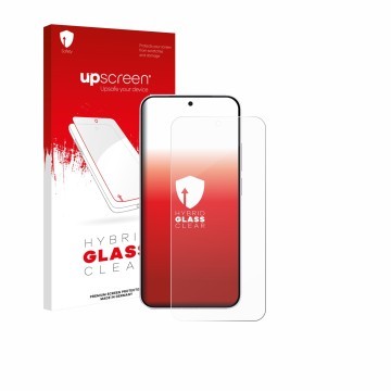 Parte frontal de un envase de producto con el logotipo de la marca upscreen. Al lado se muestra el dispositivo Vivo X300 FE co