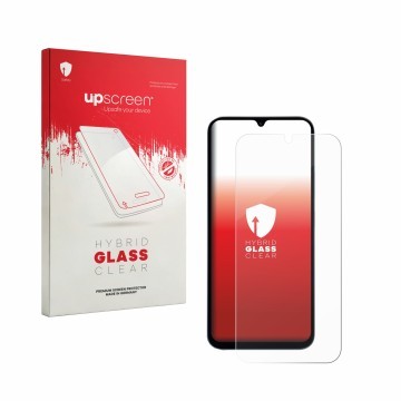 Face avant d’un emballage produit avec le logo de la marque upscreen. À côté, l’appareil Xiaomi Redmi 15A 5G est représenté av