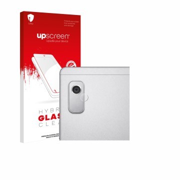 Vorderseite einer Produktverpackung mit dem Markenlogo upscreen. Daneben ist das Gerät Lenovo Tab M9 (NUR Kameraschutz) mit de