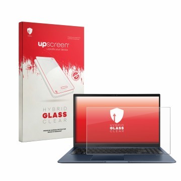 Vorderseite einer Produktverpackung mit dem Markenlogo upscreen. Daneben ist das Gerät ASUS Vivobook 15 M1502YA mit dem zugehö