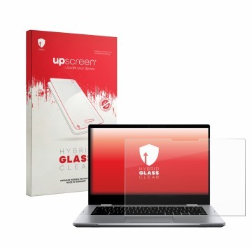 Vorderseite einer Produktverpackung mit dem Markenlogo upscreen. Daneben ist das Gerät ASUS Chromebook Flip CX1 CX1400FKA mit 