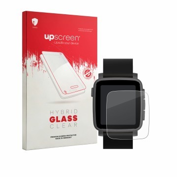 Parte frontale di una confezione del prodotto con il logo del marchio upscreen. Accanto è raffigurato il dispositivo Pebble Ti