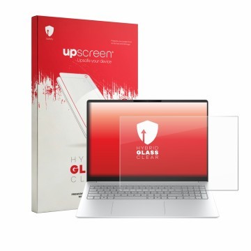 Face avant d’un emballage produit avec le logo de la marque upscreen. À côté, l’appareil HP OmniBook 3 16