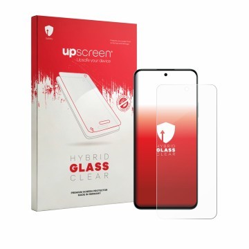 Parte frontal de un envase de producto con el logotipo de la marca upscreen. Al lado se muestra el dispositivo Honor Play 80 P