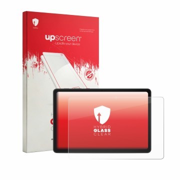 Parte frontal de un envase de producto con el logotipo de la marca upscreen. Al lado se muestra el dispositivo Lenovo ThinkTab