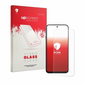 Parte frontal de un envase de producto con el logotipo de la marca upscreen. Al lado se muestra el dispositivo Honor Play 80 c