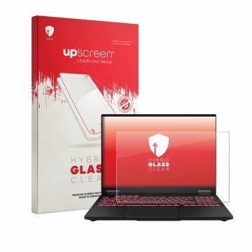 Vorderseite einer Produktverpackung mit dem Markenlogo upscreen. Daneben ist das Gerät ASUS TUF Gaming F16 FX608 mit dem zugeh