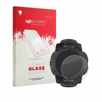 Face avant d’un emballage produit avec le logo de la marque upscreen. À côté, l’appareil Garmin Instinct 3 Tactical Edition (5