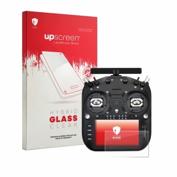 Parte frontal de un envase de producto con el logotipo de la marca upscreen. Al lado se muestra el dispositivo Radiomaster TX1