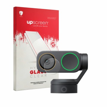 Vorderseite einer Produktverpackung mit dem Markenlogo upscreen. Daneben ist das Gerät Insta360 Link 2 Pro (Linse) mit dem zug