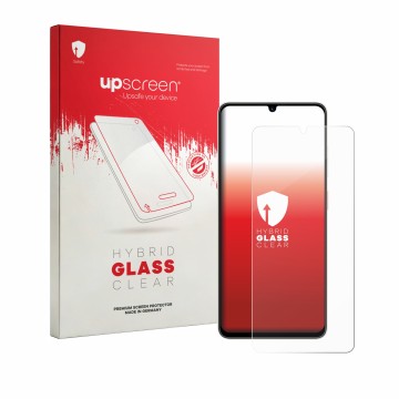 Vorderseite einer Produktverpackung mit dem Markenlogo upscreen. Daneben ist das Gerät ZTE Blade A56 mit dem zugehörigen Displ