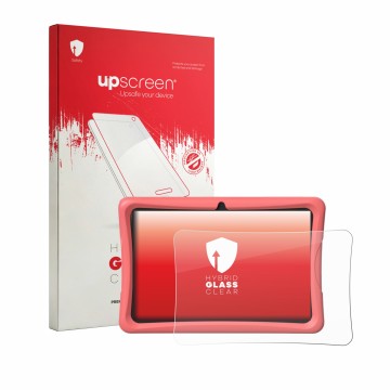 Parte frontal de un envase de producto con el logotipo de la marca upscreen. Al lado se muestra el dispositivo Tabwee K10 con 