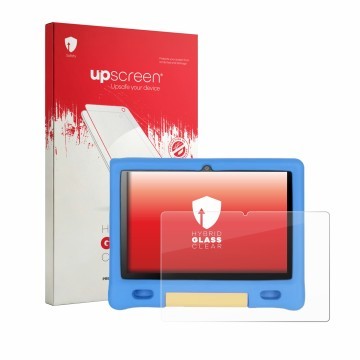 Vorderseite einer Produktverpackung mit dem Markenlogo upscreen. Daneben ist das Gerät Bufo Kids Tablet 10.1
