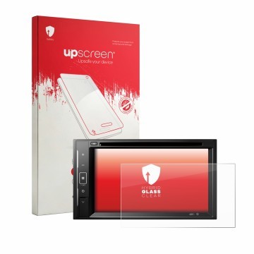 Vorderseite einer Produktverpackung mit dem Markenlogo upscreen. Daneben ist das Gerät Pioneer DMH-A240DAB mit dem zugehörigen