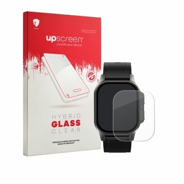 Face avant d’un emballage produit avec le logo de la marque upscreen. À côté, l’appareil Domino Watch DM62 est représenté avec