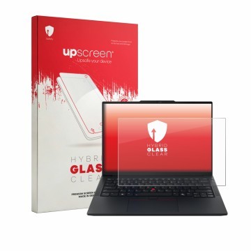 Parte frontal de un envase de producto con el logotipo de la marca upscreen. Al lado se muestra el dispositivo Lenovo ThinkPad