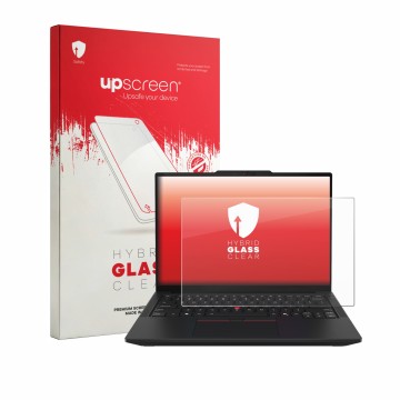 Parte frontal de un envase de producto con el logotipo de la marca upscreen. Al lado se muestra el dispositivo Lenovo ThinkPad
