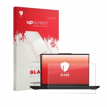 Parte frontal de un envase de producto con el logotipo de la marca upscreen. Al lado se muestra el dispositivo Lenovo ThinkPad