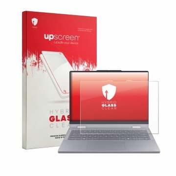 Parte frontal de un envase de producto con el logotipo de la marca upscreen. Al lado se muestra el dispositivo Lenovo ThinkBoo