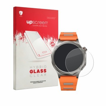 Parte frontal de un envase de producto con el logotipo de la marca upscreen. Al lado se muestra el dispositivo Oppo Watch X3 c