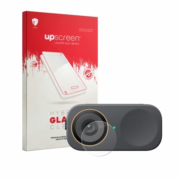 Vorderseite einer Produktverpackung mit dem Markenlogo upscreen. Daneben ist das Gerät Insta360 Link 2C Pro (Linse) mit dem zu