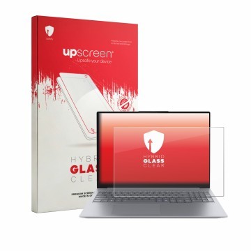 Parte frontal de un envase de producto con el logotipo de la marca upscreen. Al lado se muestra el dispositivo Lenovo ThinkBoo