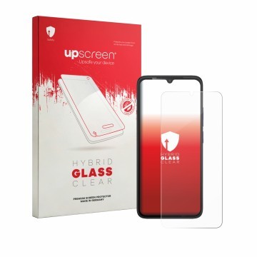 Parte frontal de un envase de producto con el logotipo de la marca upscreen. Al lado se muestra el dispositivo TCL K70 SE con 