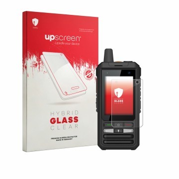 Parte frontal de un envase de producto con el logotipo de la marca upscreen. Al lado se muestra el dispositivo Uniwa F80S con 