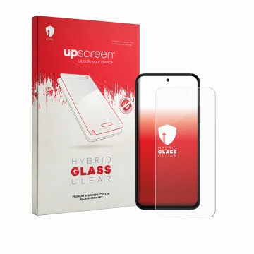 Vorderseite einer Produktverpackung mit dem Markenlogo upscreen. Daneben ist das Gerät Xiaomi Poco M8s mit dem zugehörigen Dis