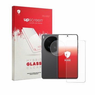 Vorderseite einer Produktverpackung mit dem Markenlogo upscreen. Daneben ist das Gerät Vivo X300 Ultra (Display+Kamera) mit de
