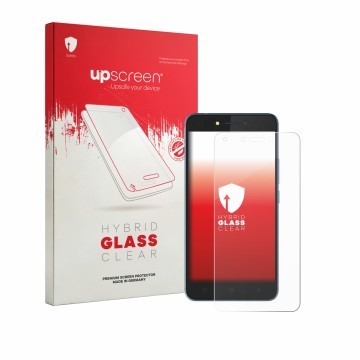 Face avant d’un emballage produit avec le logo de la marque upscreen. À côté, l’appareil Tecno Pouvoir 1 est représenté avec l