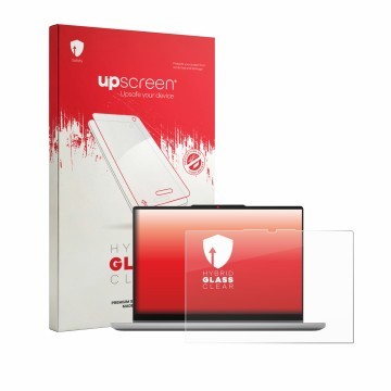 Parte frontal de un envase de producto con el logotipo de la marca upscreen. Al lado se muestra el dispositivo Lenovo IdeaPad 