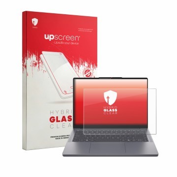 Parte frontal de un envase de producto con el logotipo de la marca upscreen. Al lado se muestra el dispositivo Lenovo IdeaPad 