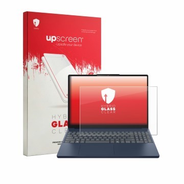 Parte frontal de un envase de producto con el logotipo de la marca upscreen. Al lado se muestra el dispositivo Lenovo IdeaPad 
