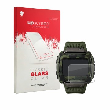 Parte frontal de un envase de producto con el logotipo de la marca upscreen. Al lado se muestra el dispositivo Timex Command S