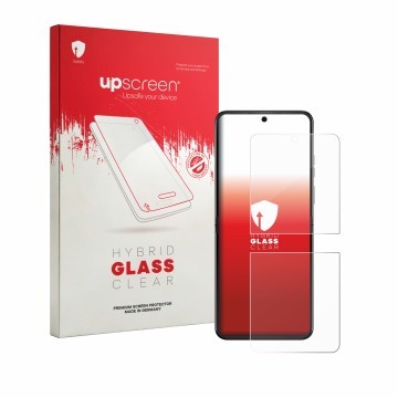 Vorderseite einer Produktverpackung mit dem Markenlogo upscreen. Daneben ist das Gerät Motorola Razr 70 mit dem zugehörigen Di