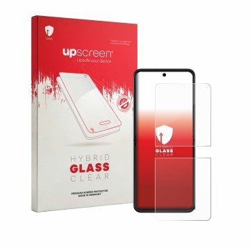 Vorderseite einer Produktverpackung mit dem Markenlogo upscreen. Daneben ist das Gerät Motorola Razr 70 Plus mit dem zugehörig