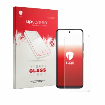 Parte frontale di una confezione del prodotto con il logo del marchio upscreen. Accanto è raffigurato il dispositivo TCL 605 c