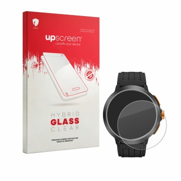 Parte frontal de un envase de producto con el logotipo de la marca upscreen. Al lado se muestra el dispositivo Cubot BeatBox c